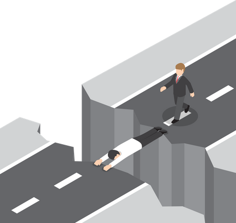 Businessman use himself as a bridge to pass a gap on the mountain  イラスト