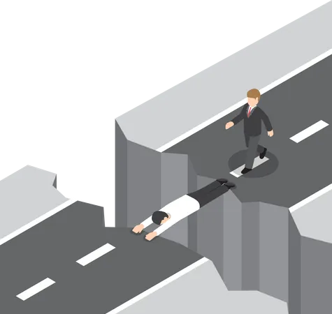Businessman use himself as a bridge to pass a gap on the mountain  Illustration