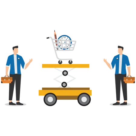 Businessman use lifts to raise shopping carts  Illustration