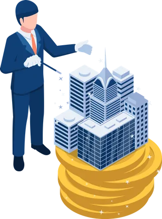 Businessman use magic to build the business building on money coins  Illustration