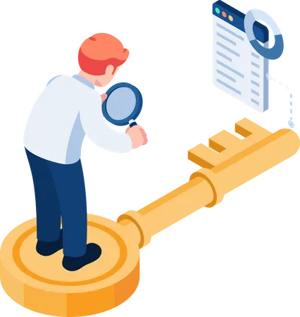 Flat 3 D Isometric Businessman Use Magnifying Glass Analyze Golden Key Business Analysis And Solution Evaluation Concept Illustration