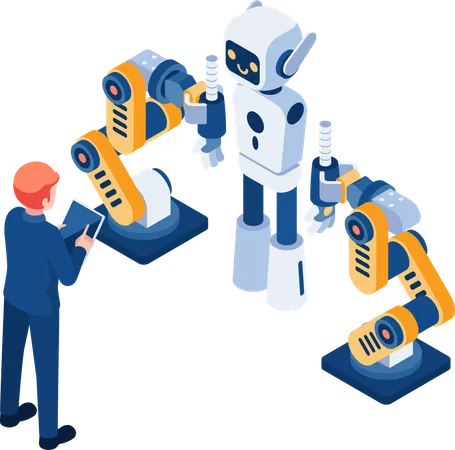 Flat 3 D Isometric Businessman Use Robotic Arm Build Ai Robot Artificial Intelligence And Robotics Technology Concept Illustration