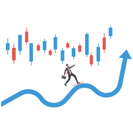 Businessman use sky jumping on arrow grow up with stock market graph above word Risk  Illustration