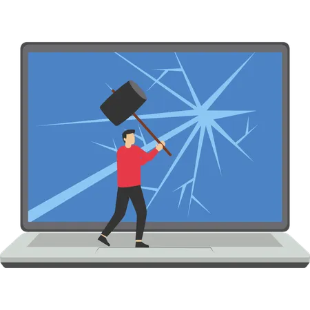 Businessman use sledgehammers and break computer  Illustration