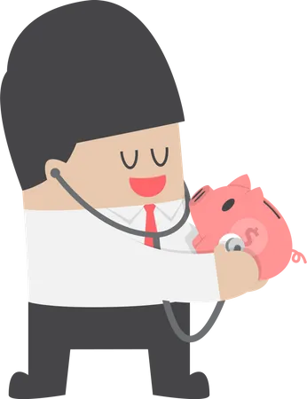 Businessman use stethoscope checking health of piggy bank  Illustration