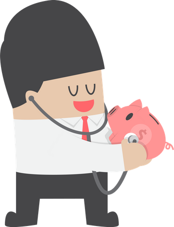 Businessman use stethoscope checking health of piggy bank  Illustration