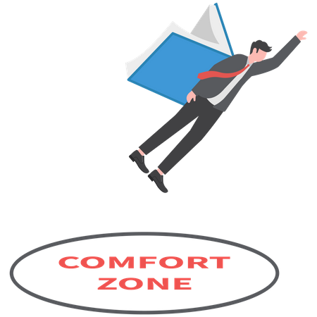 Businessman use their wings of knowledge to fly out of his comfort zone for new success  Illustration