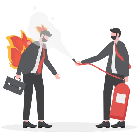 Mentorship Or Support To Help Employee Burnout Fatigue Or Overworked People Management Or Brain Cool Down To Reduce Anxiety Concept Businessman Put Fire Extinguisher On His Burnout Colleague Illustration
