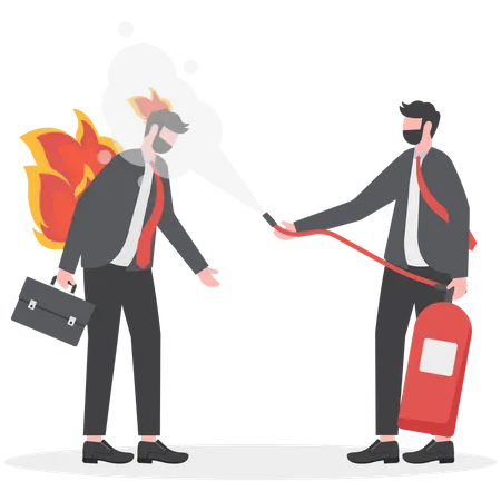 Businessman use to fire extinguisher on his burnout employee  Illustration