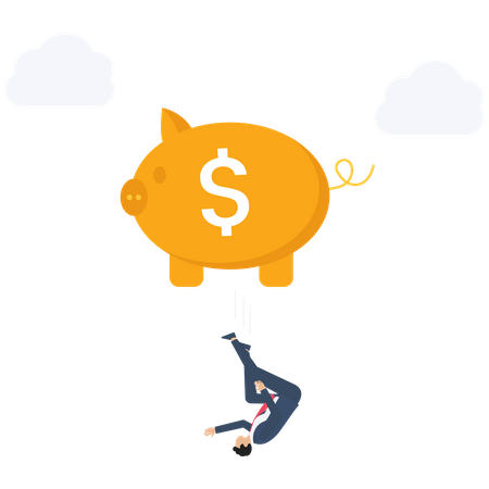 Businessman used piggy bank like a parachute for Soft Landing and another people falling  Illustration