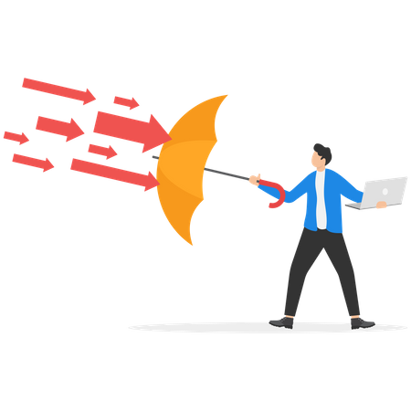 Businessman used the umbrella to resist the falling arrow  Illustration