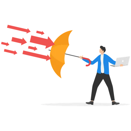 Businessman used the umbrella to resist the falling arrow  Illustration