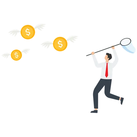 Businessman uses a butterfly net to catch a Dollar coin  Illustration