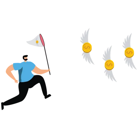 Businessman uses a butterfly net to catch a Dollar coin  Illustration