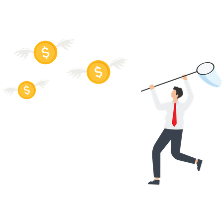 Businessman uses a butterfly net to catch a Dollar coin  Illustration