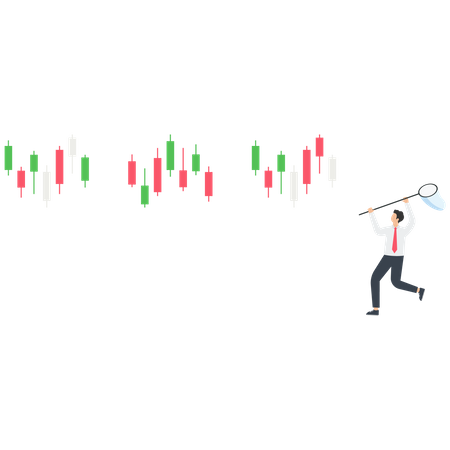Businessman uses a butterfly net to catch stock market graph  Illustration