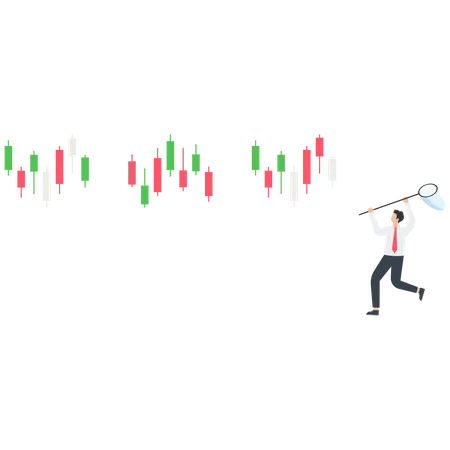 Businessman uses a butterfly net to catch stock market graph  Illustration