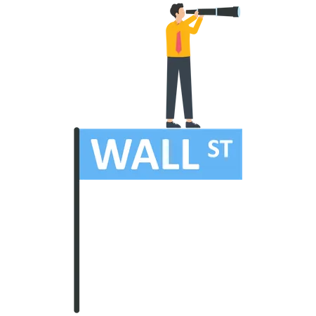 Businessman uses a handheld telescope on a Wall Street sign  Illustration