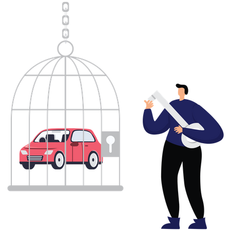 Businessman uses a key unlock a car from a cage  Illustration