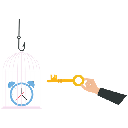 Businessman uses a key unlock a clock from a cage  Illustration