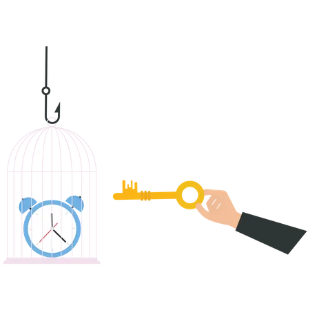 Businessman uses a key unlock a clock from a cage  Illustration