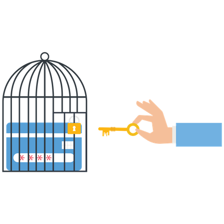 Businessman uses a key unlock a credit card from a cage Illustration