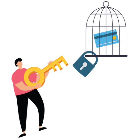 Businessman uses a key unlock a credit card from a cage  Illustration