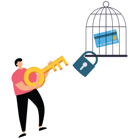 Businessman uses a key unlock a credit card from a cage  Illustration