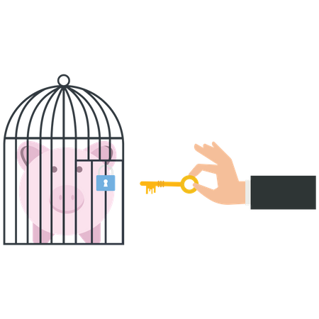 Businessman uses a key unlock a piggy bank from a cage Illustration