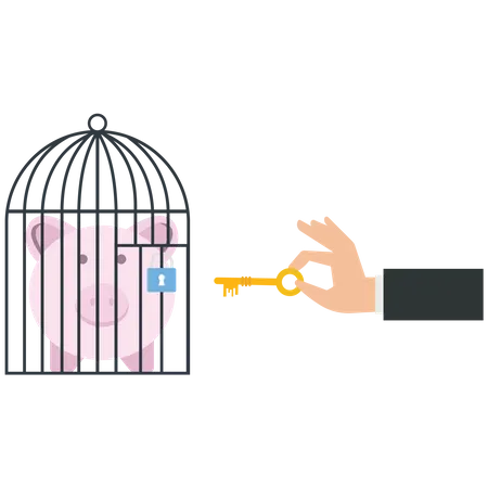 Businessman uses a key unlock a piggy bank from a cage Illustration