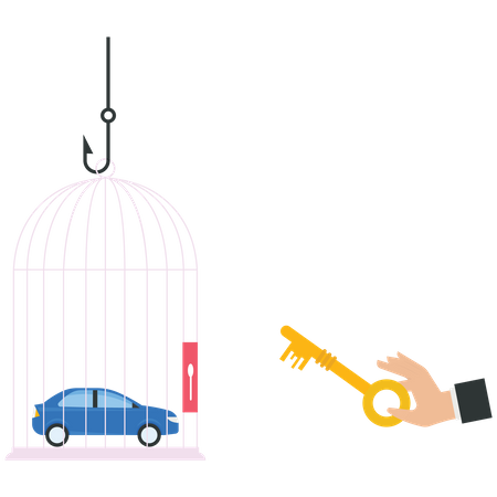 Businessman uses a key unlock a car from a cage  Illustration