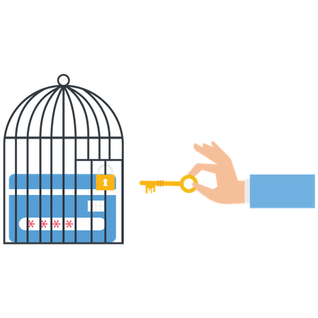 Businessman uses a key unlock a credit card from a cage  Illustration