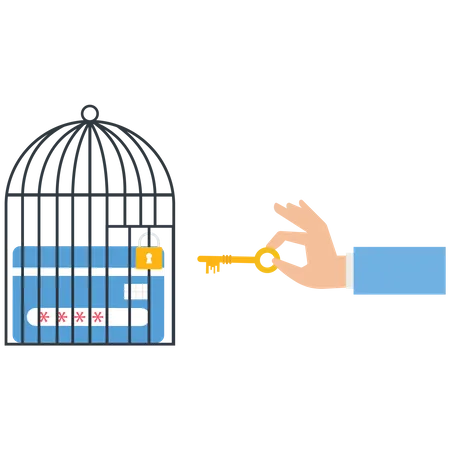 Businessman uses a key unlock a credit card from a cage  Illustration