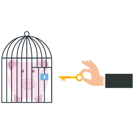 Businessman uses a key unlock a piggy bank from a cage  Illustration