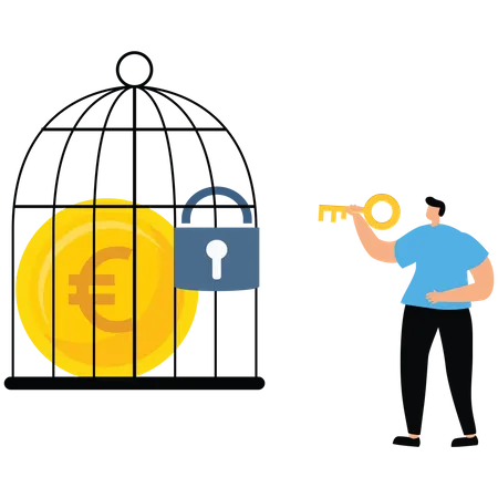Businessman uses a key unlock US dollar coin from a cage  Illustration