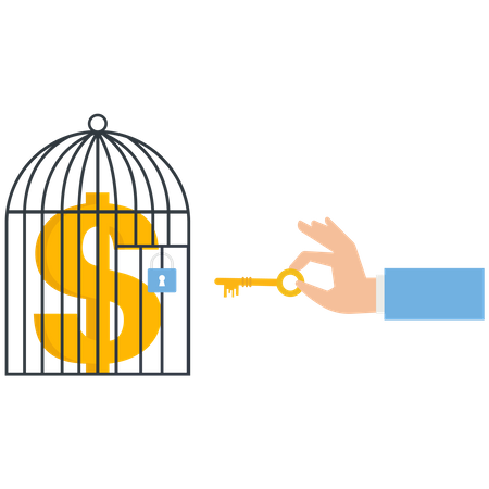 Businessman uses a key unlock US dollar coin from a cage  Illustration