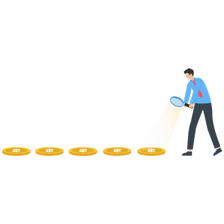 Businessman uses a magnifying glass for tracking US coins  Illustration