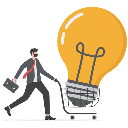 Businessman uses a trolley to transport a large light bulb  Illustration