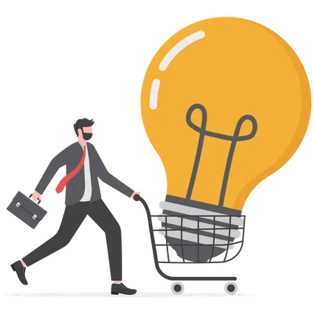 Big Ideas Creativity And Innovation In Problem Solving Businessman Uses A Trolley To Transport A Large Light Bulb Illustration