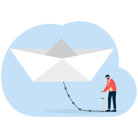ビジネスマンがエアポンプを使って紙の船を作る、リスク増大  イラスト