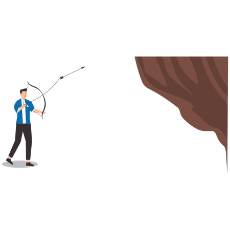 Businessman uses an arrow to hook a rope to a cliff to get over it  Illustration