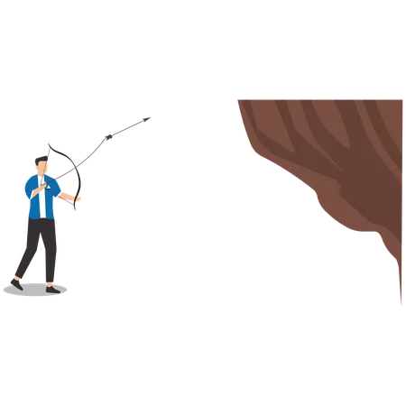 Businessman uses an arrow to hook a rope to a cliff to get over it  Illustration