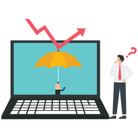 Businessman uses an umbrella protect laptop computer from a stock graph down  Illustration