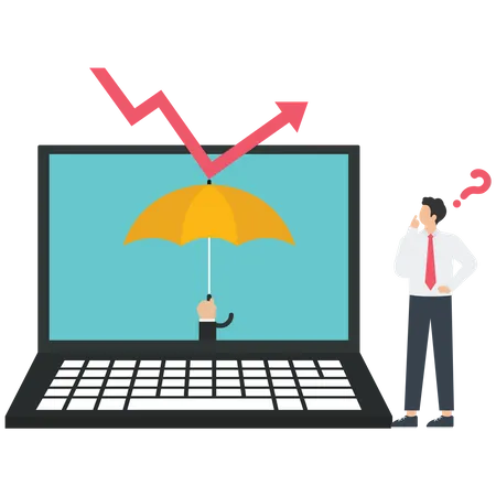 Businessman uses an umbrella protect laptop computer from a stock graph down  イラスト