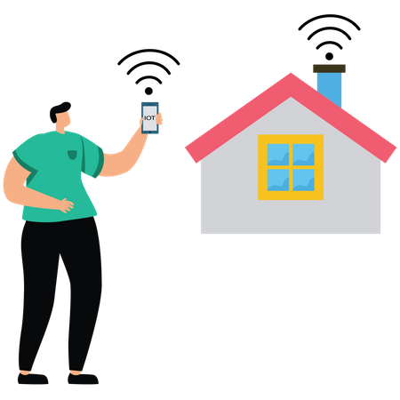 Businessman uses IoT from mobile phone to a smart home  Illustration
