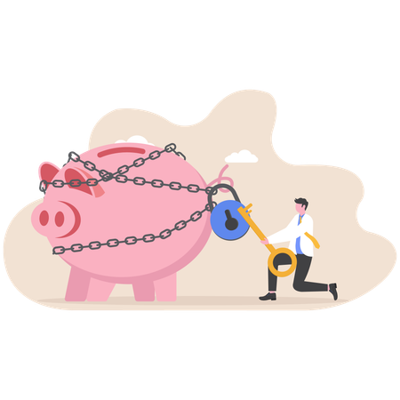 Businessman uses key to unlock money coin from chains  Illustration