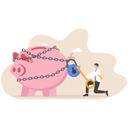 Businessman uses key to unlock money coin from chains  Illustration