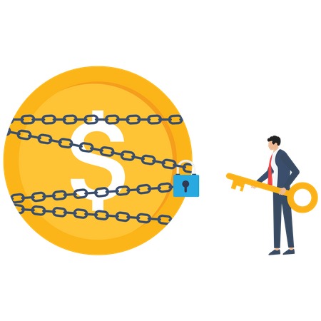 Businessman uses key unlock money coin from chains  Illustration