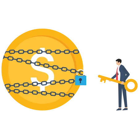 Businessman uses key unlock money coin from chains  Illustration