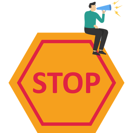 Businessman uses loudspeaker with stop sign  Illustration